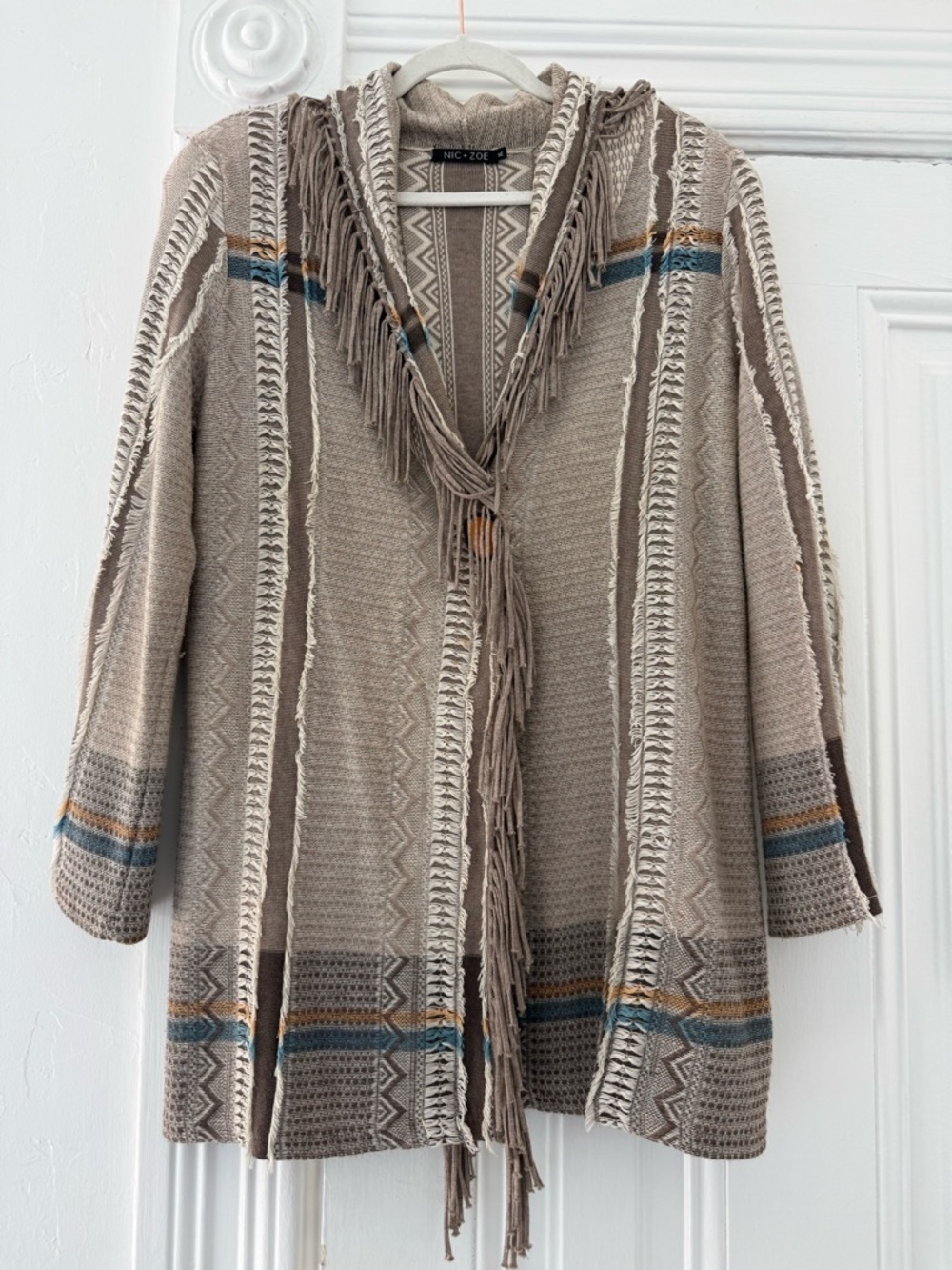 NIC+ZOE Taupe Fringe Open-Front Cardigan with Blue & Brown Stripes and Fringe